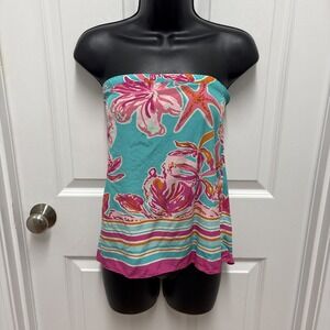 Lilli Pulitzer Odessa Silk Strapless Top In Blue Pink Orange Tropical Pattern XS